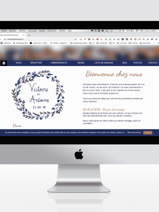 Création du site web pour le mariage d'Antoine et Victoire en 2021, projet web fait par Maha NACIRI Com', webdesigner, webmaster à Saint-Lô dans la Manche en Normandie.